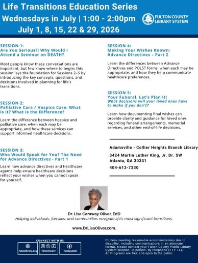 Life Transitions Education Series in July by Fulton County Library on planning life's transitions.