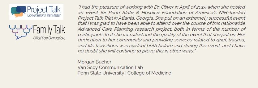 Testimonial praising Dr. Oliver's work on a hospice event at Penn State.