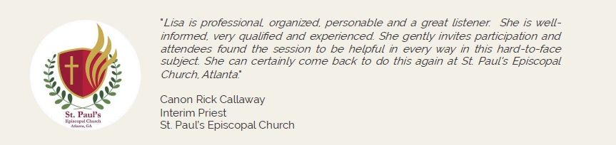 Testimonial praising Lisa's professionalism at St. Paul's Episcopal Church.