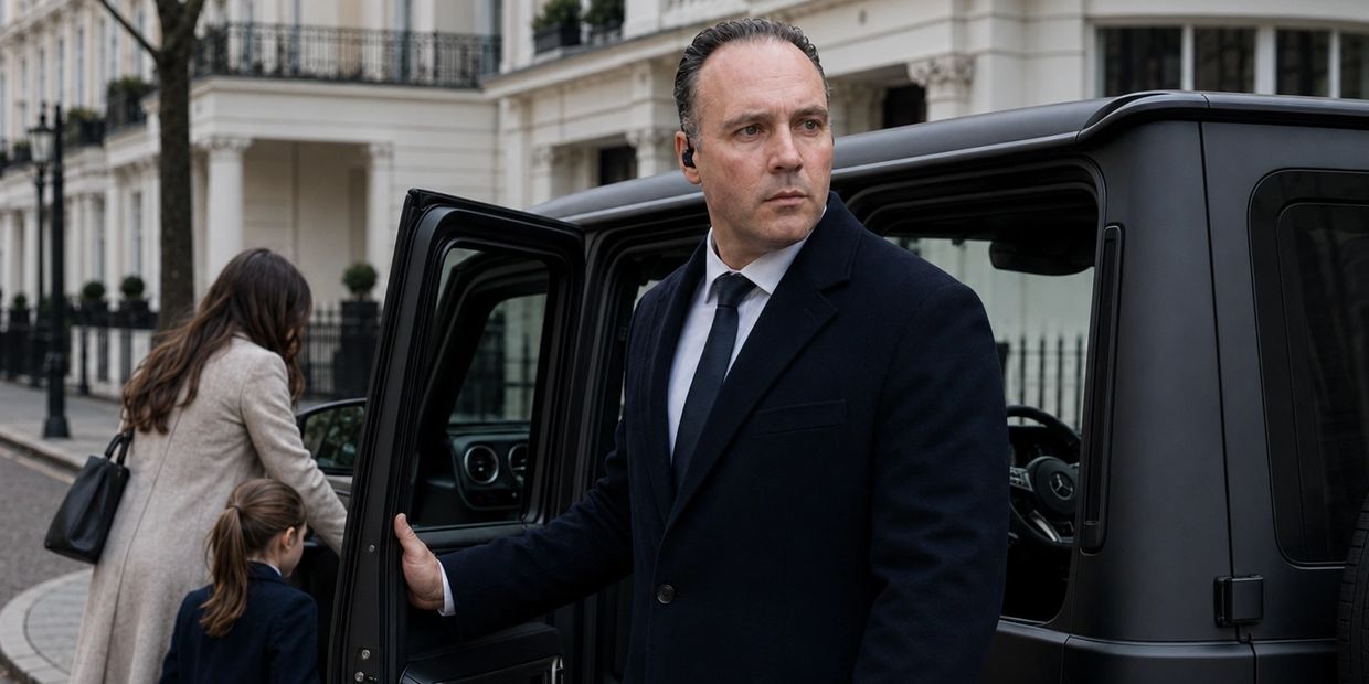 A man in a suit holding a car door open while a woman and child enter.
