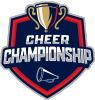 Cheerleading championship logo with trophy and megaphone.