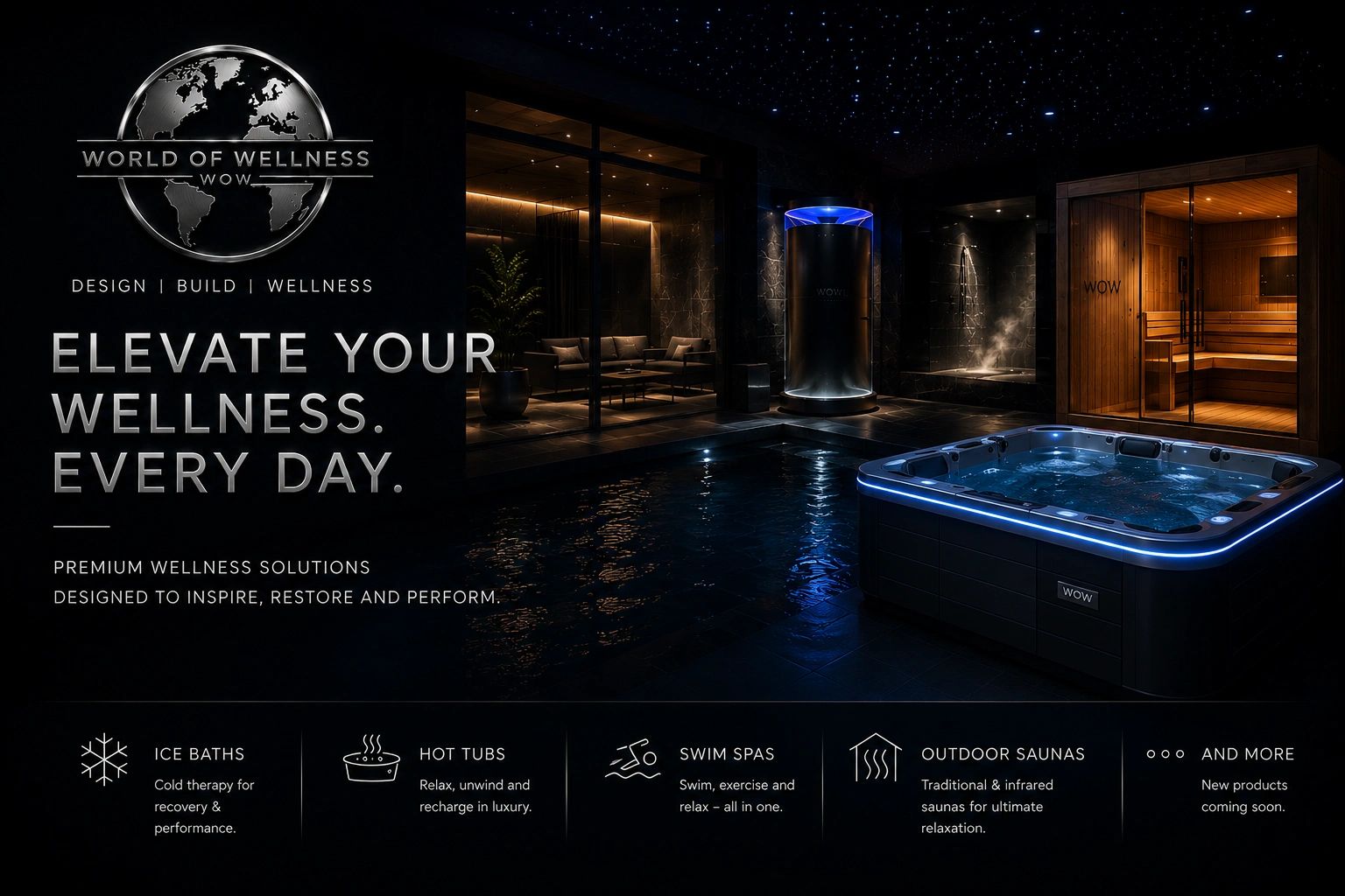 Luxury wellness space featuring hot tubs, saunas, and ice baths for daily recovery and relaxation.