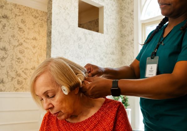 Caregiver fixing hair rollers on elderly woman.