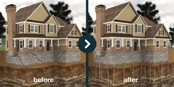 Comparison of a house foundation before and after reinforcement with support piles.
