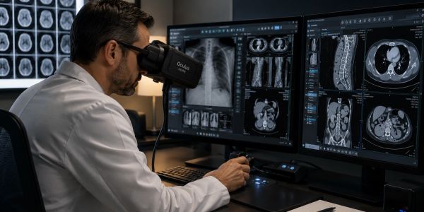 A radiologist uses a virtual reality headset alongside a RADCOM reading station to explore the future of diagnostic imaging. Combining immersive visualization with enterprise-grade radiology technology, the RADCOM platform is designed to support advanced image review, 3D visualization, AI-assisted workflows, and the next generation of medical imaging innovation.