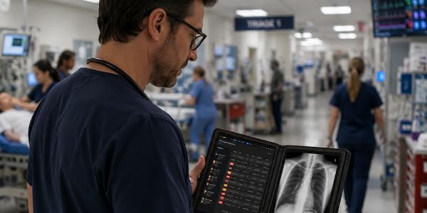 An emergency physician uses the RADBOOK, Dextro Imaging Solutions' next-generation portable diagnostic workstation, to access and interpret medical images directly in the emergency department. Designed for mobility, speed, and seamless PACS connectivity, RADBOOK brings powerful radiology technology closer to the point of care. Coming next year.