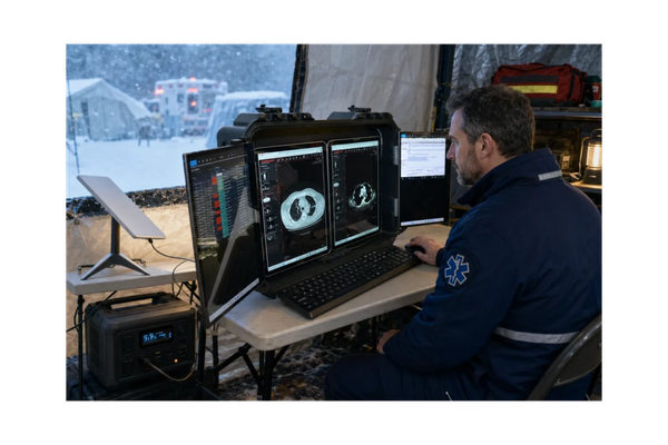 The RADCOM Compact Portable Reading Station is engineered for radiologists who need dependable performance wherever they work. Combined with a battery backup and Starlink satellite internet, it delivers reliable access to PACS, diagnostic imaging applications, and voice dictation during power outages, severe weather, or remote deployments. Its compact, portable design allows healthcare professionals to maintain productivity and continuity of care when traditional workstations are unavailable.