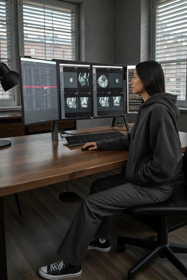 Radiologist using the RADCOM NextGen Compact Series portable reading station with integrated diagnostic displays for secure, high-performance medical image interpretation from virtually anywhere.