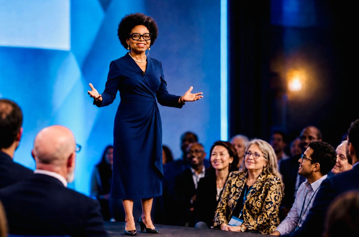 Woman giving a presentation to an engaged audience.