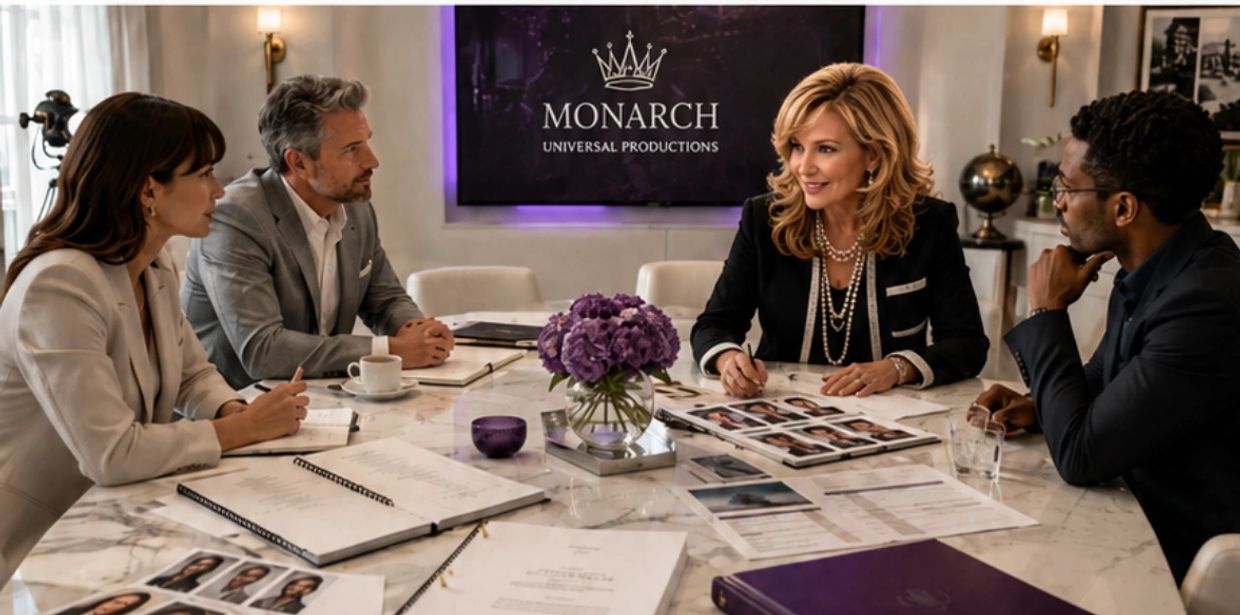 Four professionals in a meeting around a marble table with Monarch Universal Productions backdrop.