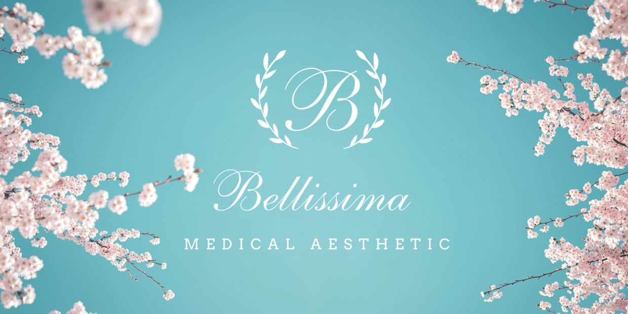 Blue background, cherry blossoms, Bellissima Medical Aesthetic logo