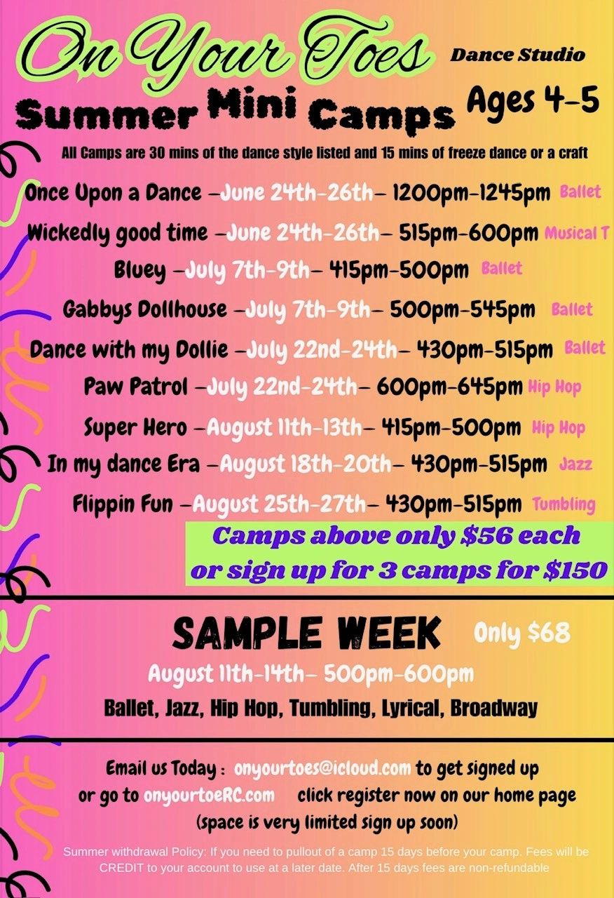 On Your Toes Dance Studio Summer Mini Camps ages 4-5 for summer 2025.