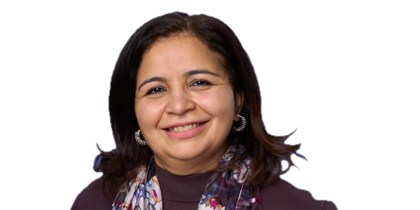 Smiling woman with dark hair wearing a patterned scarf and brown top.