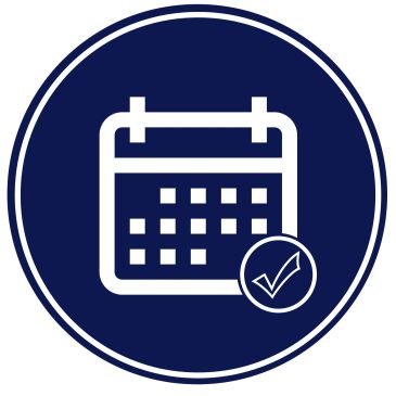 Icon of a calendar with a check mark in a blue circle.