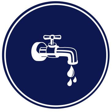 White water faucet with dripping drops on blue circular background.