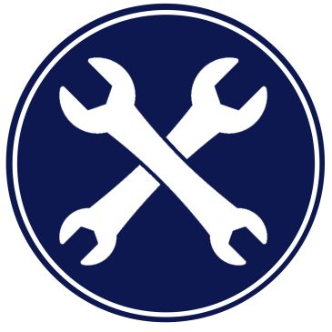 White crossed wrenches inside a blue circle, symbolizing tools or maintenance.