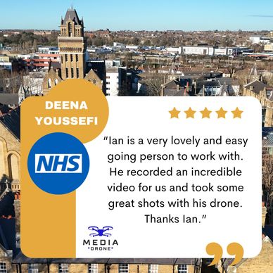 Positive client testimonial praising Ian's drone videography for NHS by Deena Youssefi.