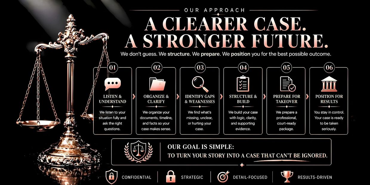 Legal approach infographic outlining steps for a stronger case and future.