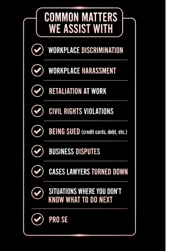 List of common legal matters assisted with, including workplace issues and business disputes.