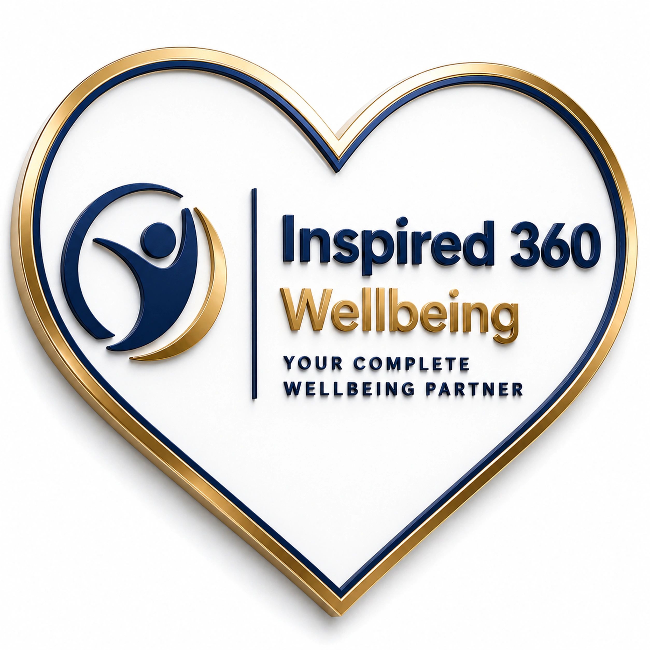Logo of Inspired 360 Wellbeing with gold and blue heart design.