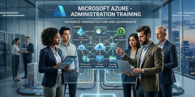 Business professionals engaged in Microsoft Azure administration training with cloud service icons.