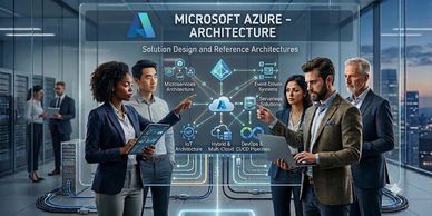 Business team discussing Microsoft Azure architecture with digital interface.