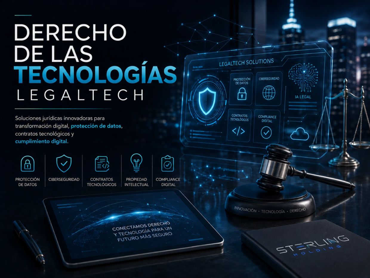 Legaltech and technology law concept with digital elements and legal tools.