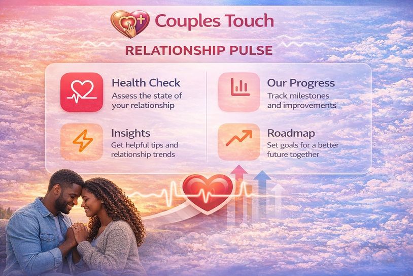 Couples Touch Relationship Pulse features health check, insights, progress tracking, and roadmap for couples.