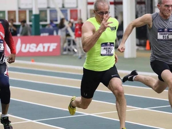 Steve running the 60-meter sprint in the 2019 National Masters Indoor Track and Field Championships 