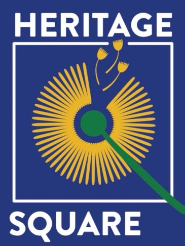 Logo with text 'Heritage Square' and a stylized dandelion.