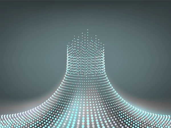 Curved wave of glowing blue and white dots on a dark background.