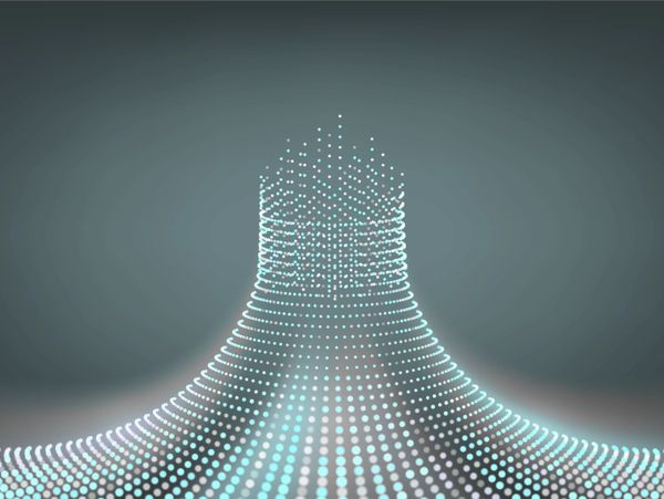 Abstract digital art of glowing dots forming a wave-like pattern.