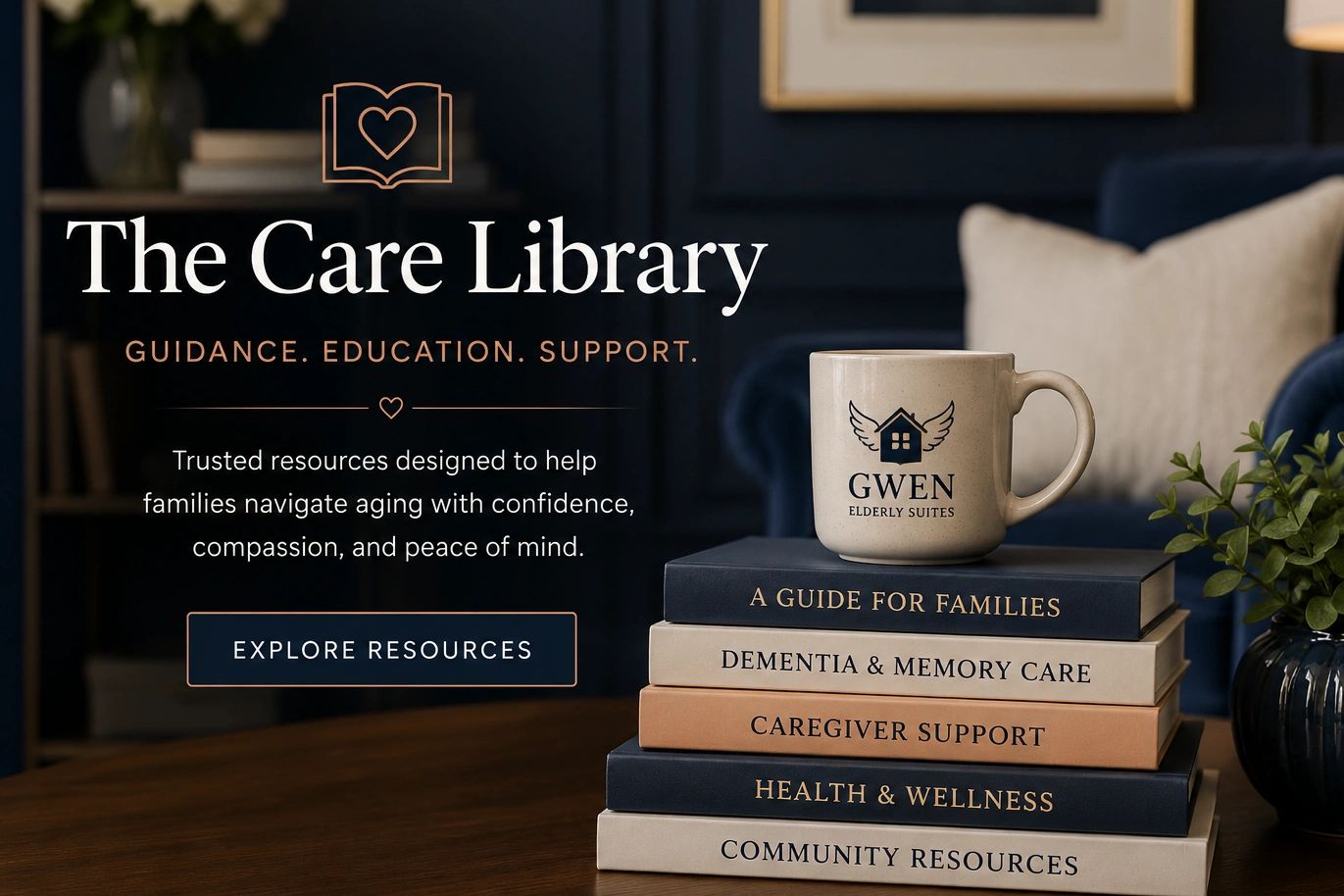 Stack of caregiving books and a Gwen Elderly Suites mug in a cozy setting.
