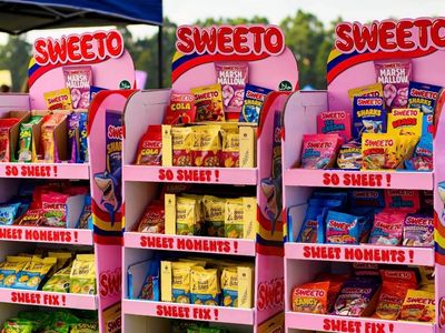 Colorful Sweeto candy displays with various sweets organized in pink shelves.