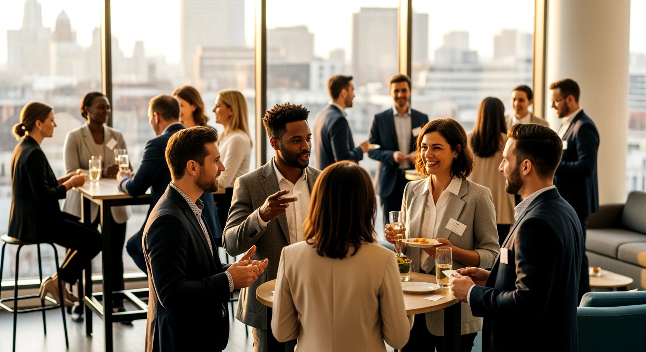 Business professionals networking and socializing at a corporate event in a modern office.
