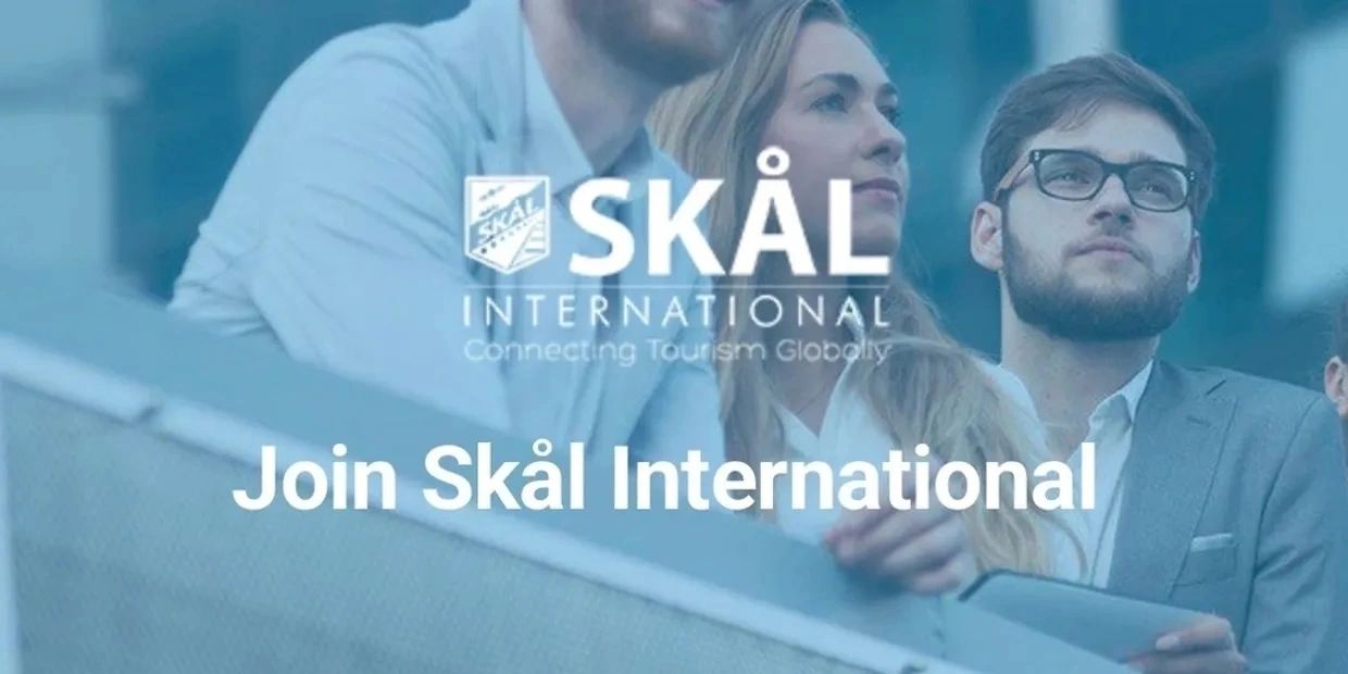 Professional people looking ahead with Skål International logo and invitation to join.