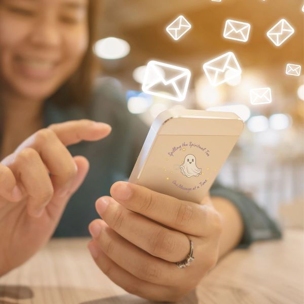 Person using smartphone with floating email icons around it.