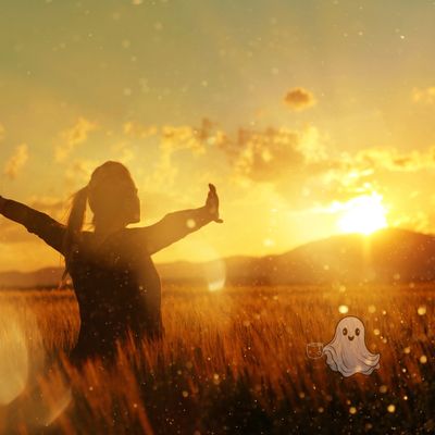 Silhouette of a person enjoying a golden sunset in a field.