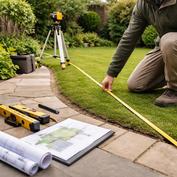 A person measures a garden lawn using a tape measure with landscaping tools nearby.