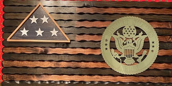Decorative American flag built from stained wood boards
