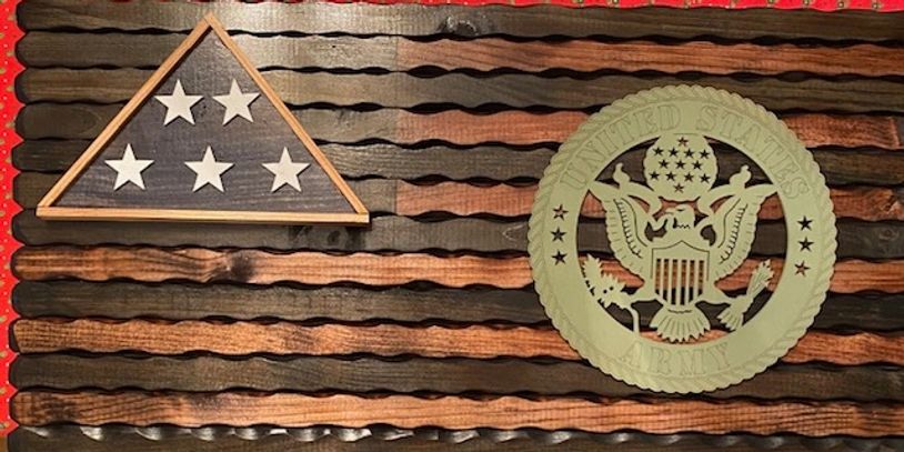 Decorative American flag built from stained wood boards