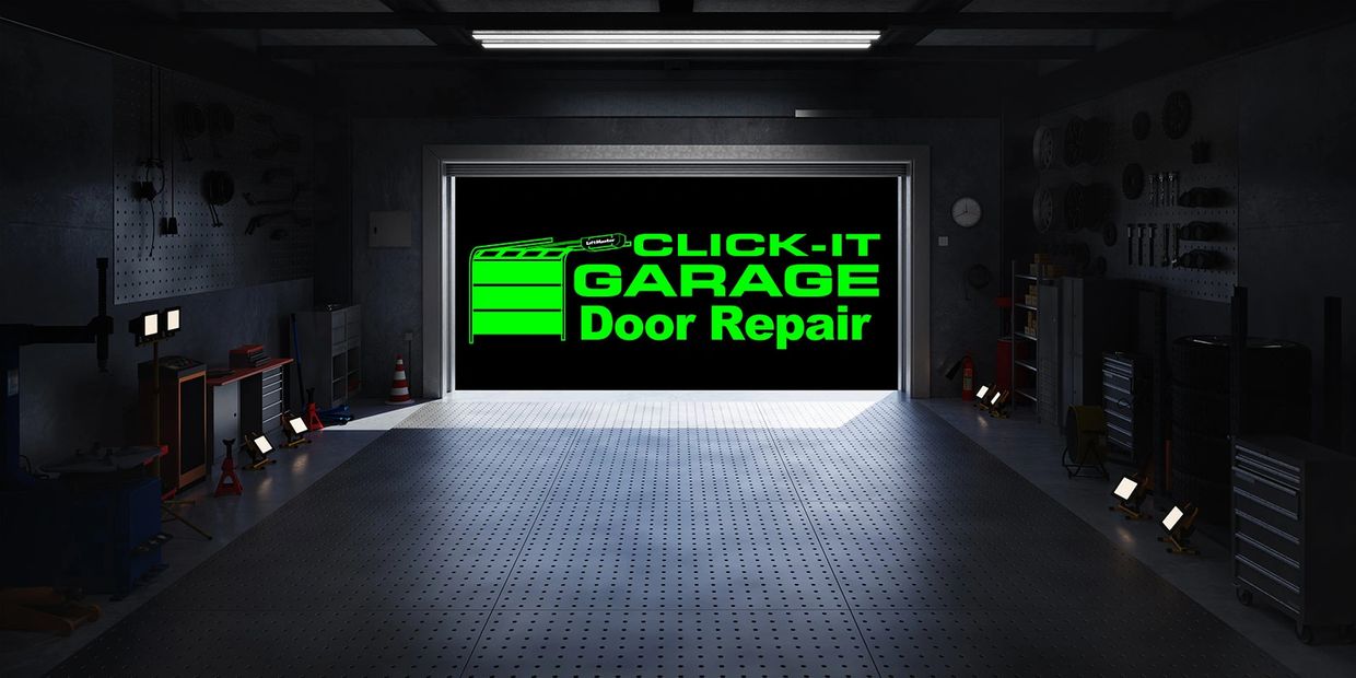Dimly lit garage with a bright neon sign for Click-It Garage Door Repair.