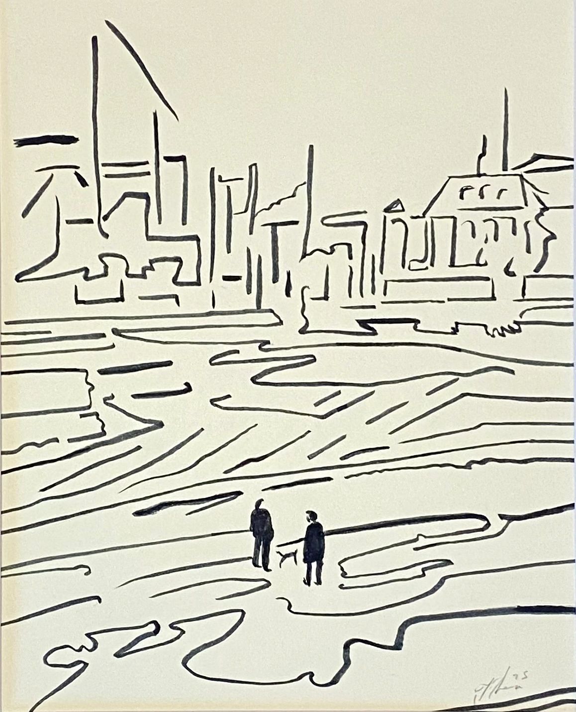 A Day On The Thames ink drawing by joe Thomas featuring two people and a dog in central London.