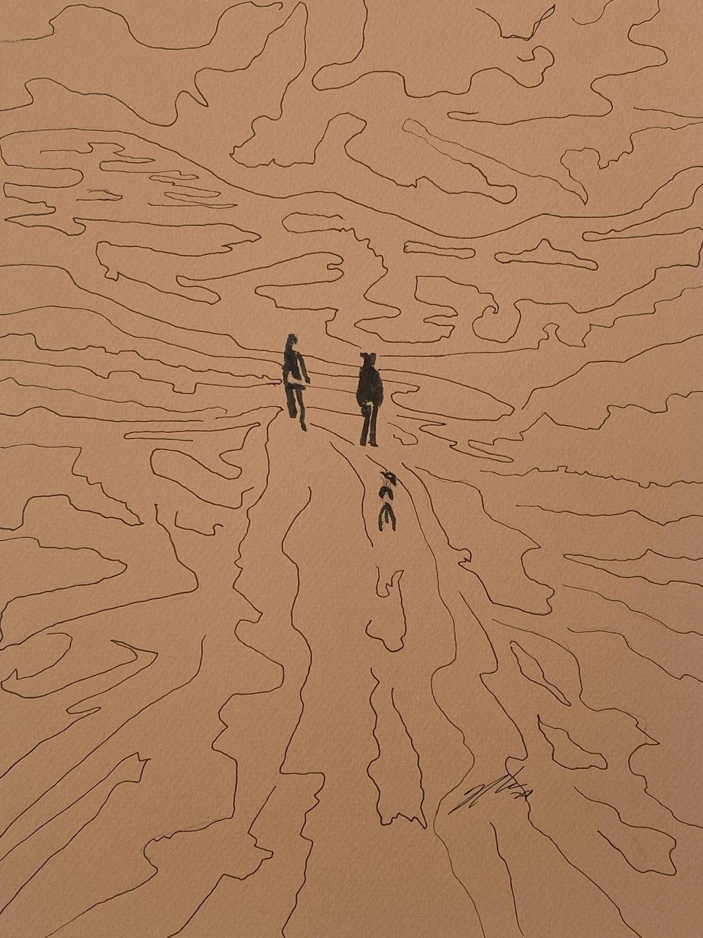 two figures and a dog walk on a linear landscape by artist joe thomas 