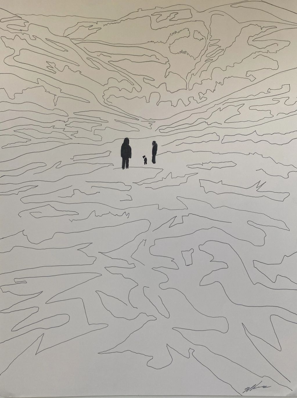 Fine art line drawing of figures in landscape by Joe Thomas