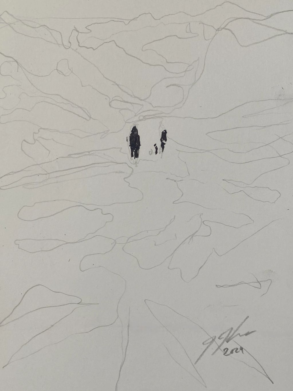 A pencil sketch of 2 figures and a dog on an abstract line landscape.