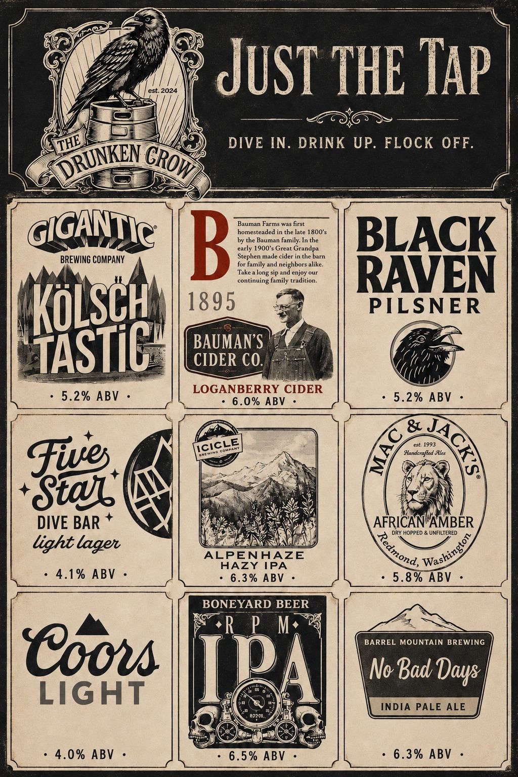 Craft beer and cider menu with vintage design.