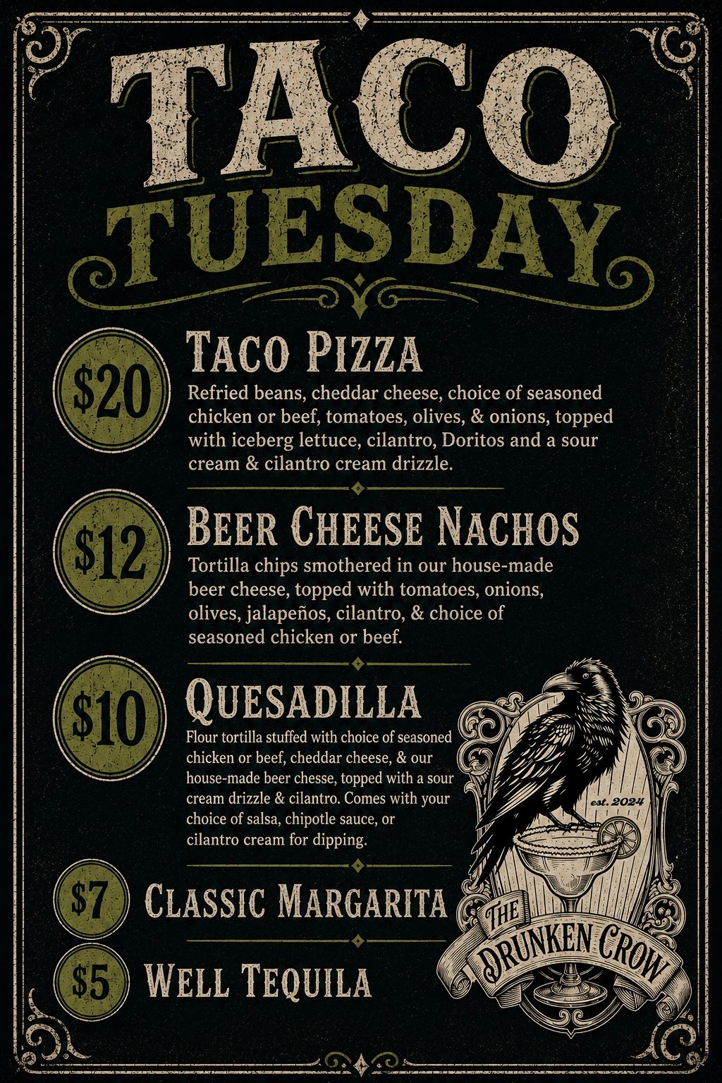 Taco Tuesday menu featuring taco pizza, beer cheese nachos, quesadilla, margarita, and tequila.