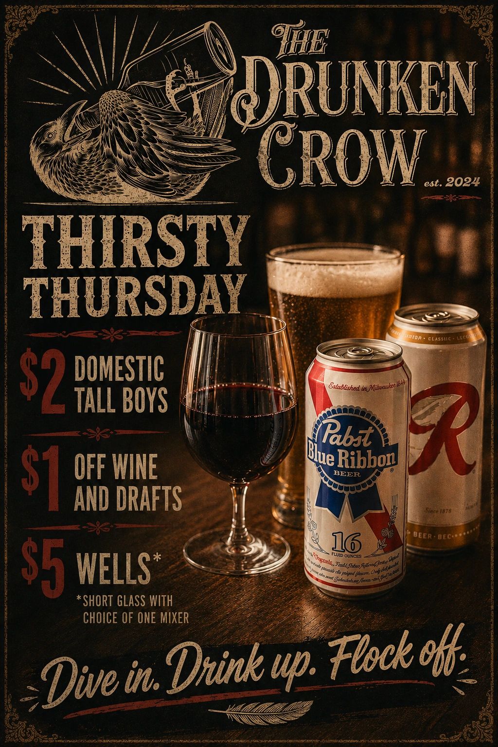 The Drunken Crow's Thirsty Thursday drink specials with beer, wine, and wells.