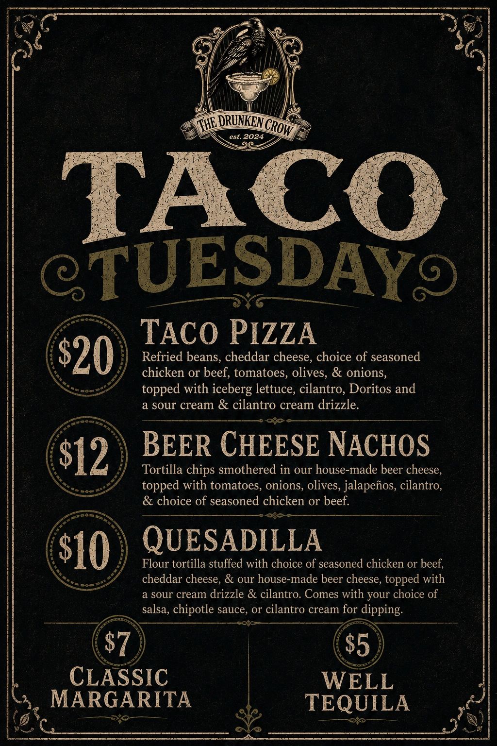 Taco Tuesday menu with taco pizza, beer cheese nachos, quesadilla, margarita, and tequila.